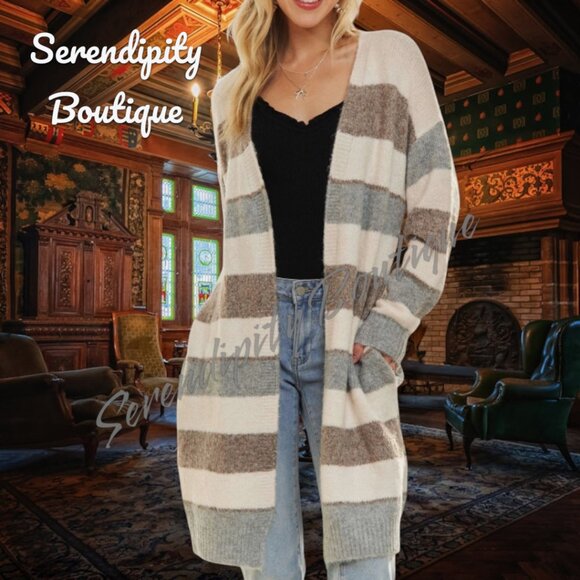So Soft Snuggle Light Weight Long Duster Stripped Open Front Cardigan Duster - Picture 2 of 9